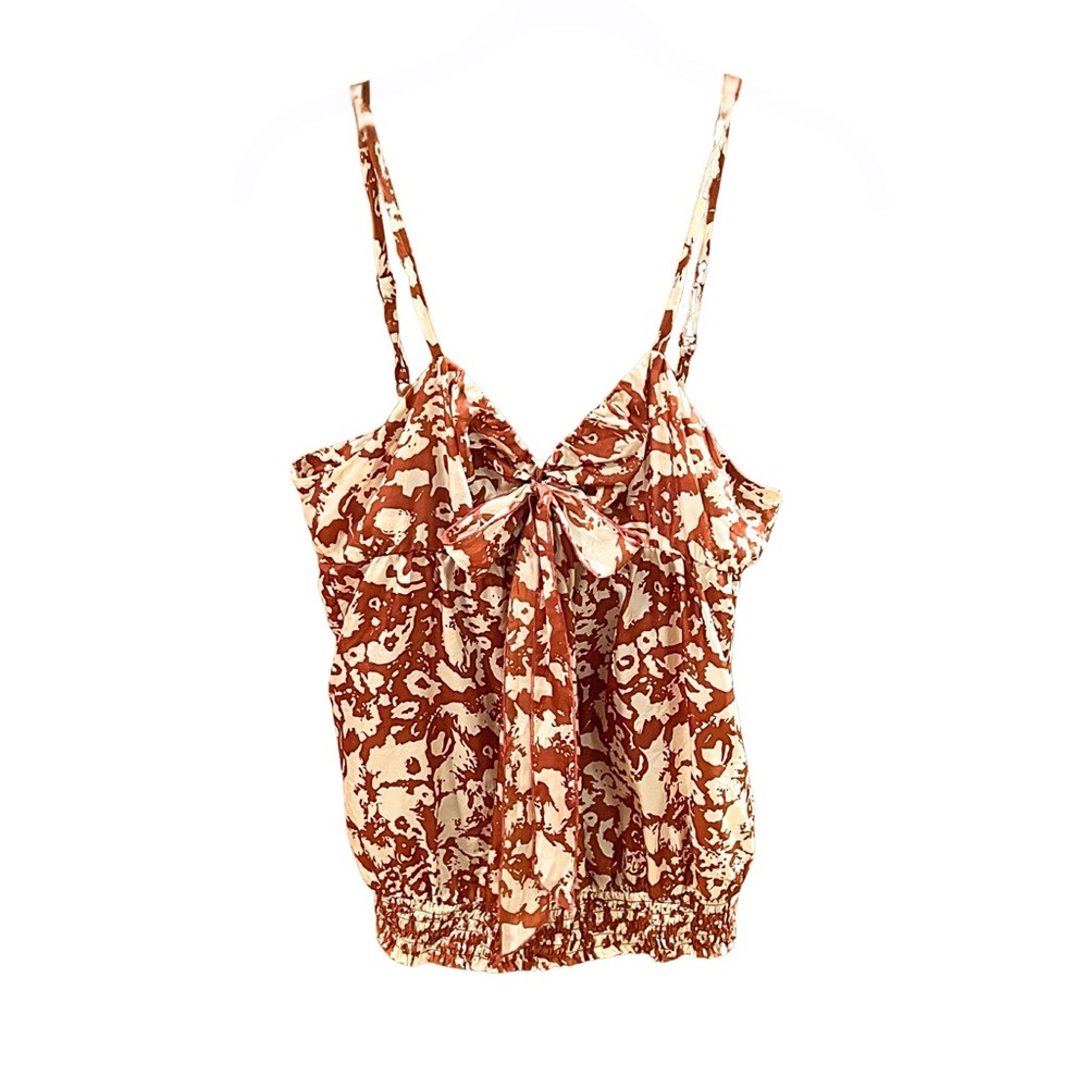Abstract Floral Print Silky Spaghetti Strap Top with Bow Y2K I LOVE H8